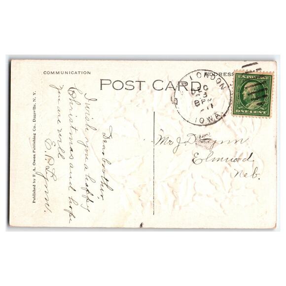 Vintage Embossed Christmas Postcard Gold Bells Holly Berries - Picture 2 of 2